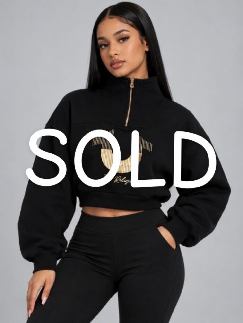 True Religion Ladies Black Cropped Pullover with Gold Logo